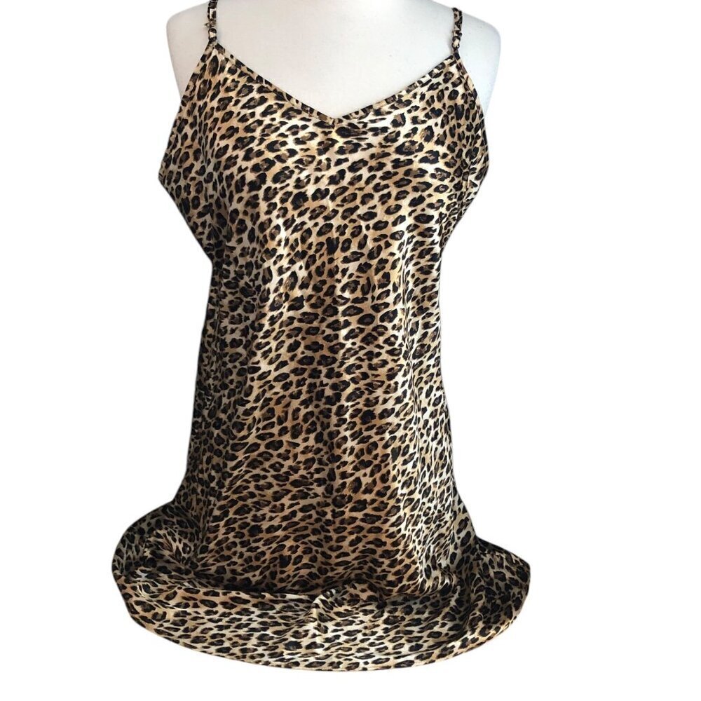 Gilligan O'Malley Satin Chemise Nightie Women's size L Black Gold Leopard Print